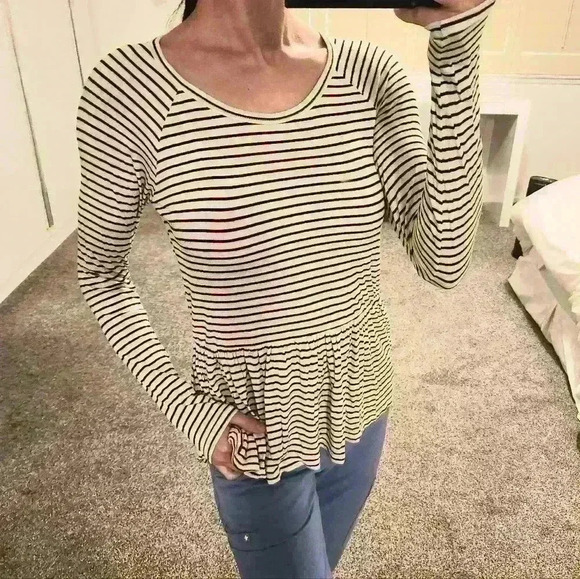 Nordstrom Soft Sailor Stripe Long Sleeve Empire Tee Crewneck Classic Black White - Picture 1 of 8